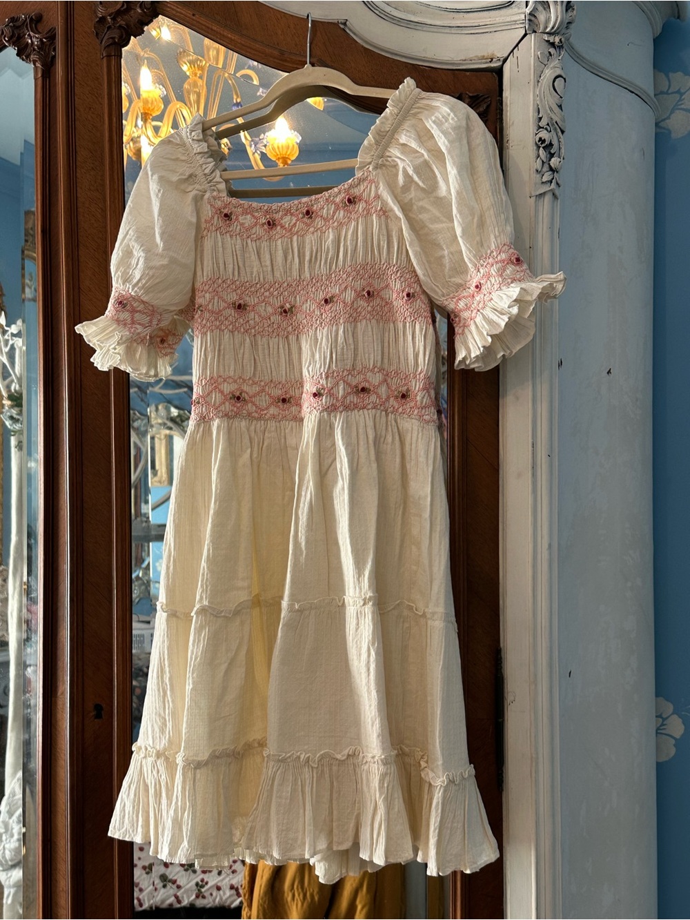 Ivy City Cream Mini Dress with Pink Smocked Detail